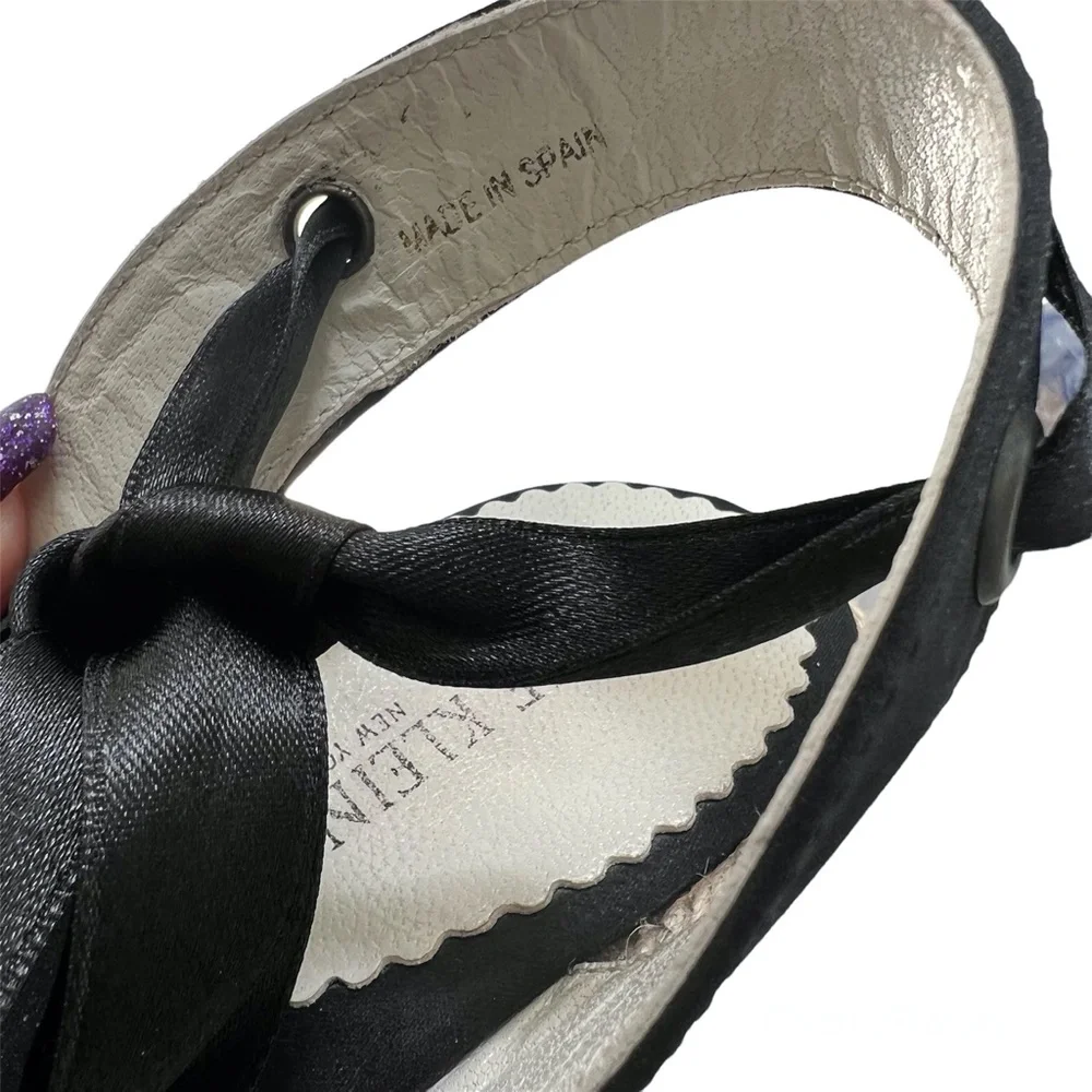 ANNE KLEIN BLACK SATIN WEDGE PEEP TOE ESPADRILLES W SATIN ANKLE WRAP & CRYSTALS